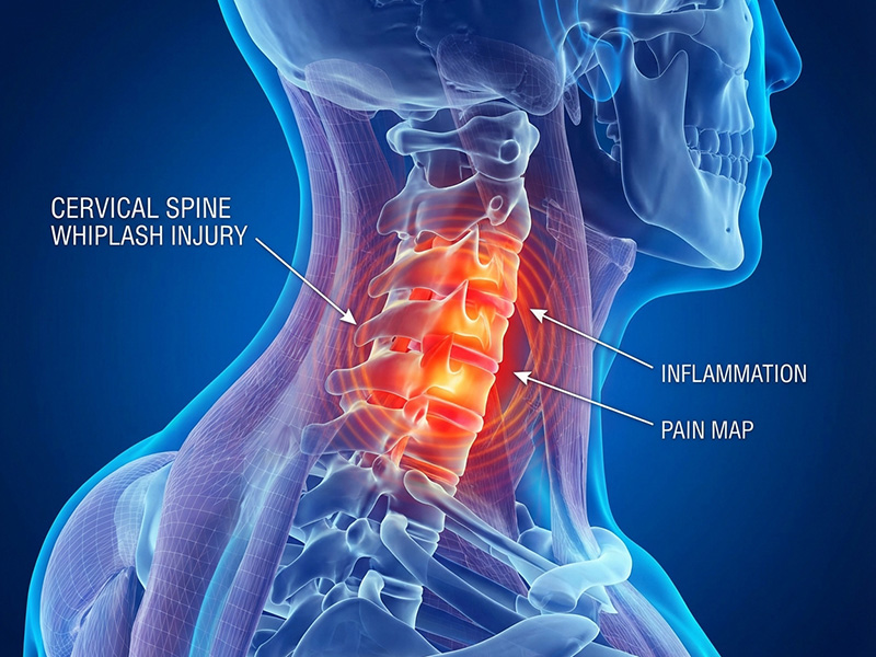 Anatomical medical illustration of whiplash pain