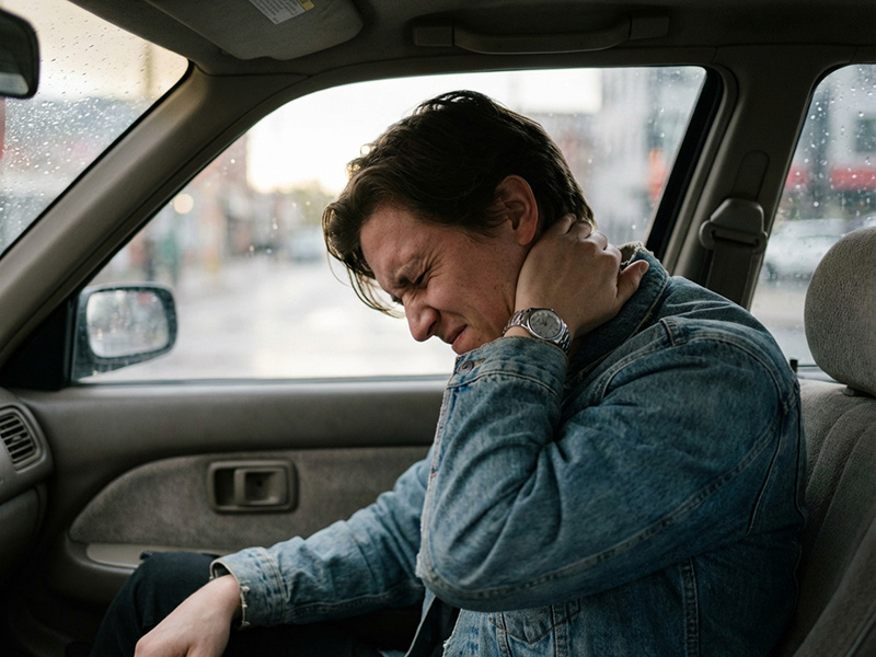 Man sitting in his car holding his neck experiencing pain