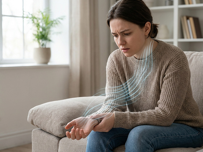 Person experiencing numbness and tingling in hand and arm after car accident