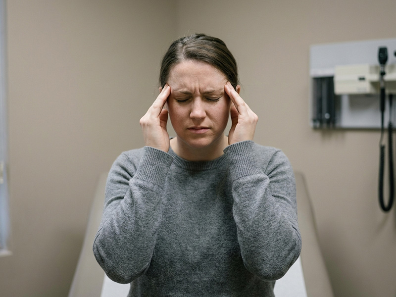Woman holding her temples in pain representing post-car accident headache and whiplash symptoms treated at a spine and injury clinic